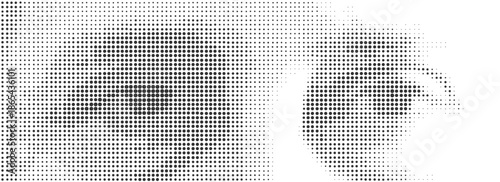 Halftone eye sight. Vector black dots pattern. Fear, anger, horror, surprise emotion. Collage element. Man eyes and gaze on white background