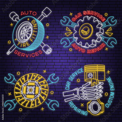 Set of auto service logos, emblems in neon style. Tire fitting. Vector. Service car repair, restoration and car club design elements. Auto repair emblem sign, night bright advertising car service