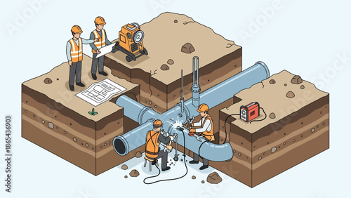 Construction Workers Repairing Pipeline in Trench Illustration.