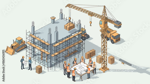 Isometric Construction Site with Crane and Workers Discussing Plans.