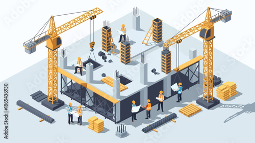Isometric Construction Site with Cranes and Workers Illustration.