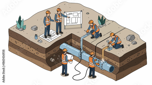 Isometric Illustration of Construction Workers Repairing a Broken Pipe.