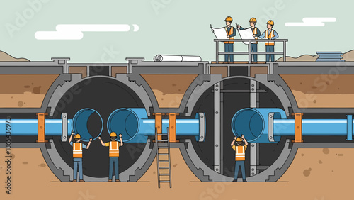 Sewer Construction Workers Installing Pipes in Underground System.