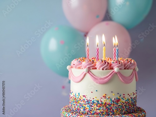 Close Up Birthday Cake with Burning Candles and Sprinkles. Generative Ai