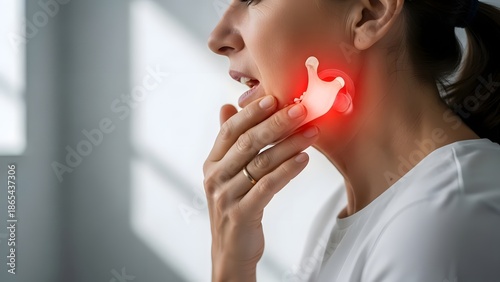 Woman suffering from jaw pain, conceptual image with highlighted painful area in red