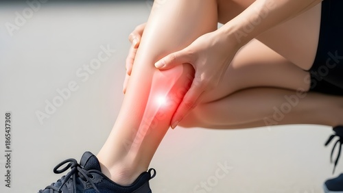 Woman suffering from shin pain, red glow on lower leg indicating injury, shin splints, or discomfort.