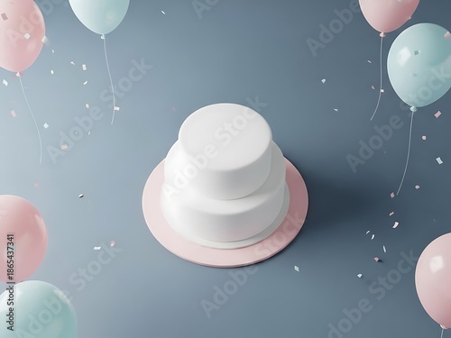 Blank Two Tier Cake Mockup with Pastel Balloons. Generative Ai
