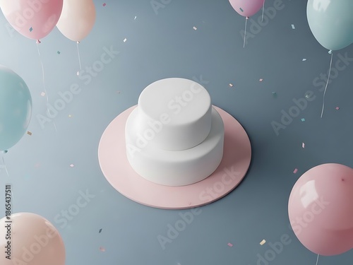 Blank Two Tier Cake Mockup with Pastel Balloons. Generative Ai