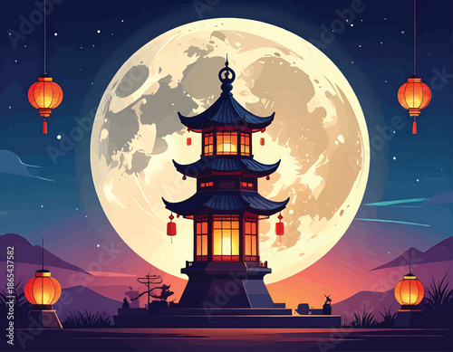 Traditional Chinese Pagoda Illuminated at Night.