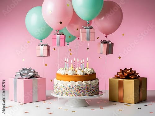 Birthday Cake with Floating Gift Boxes and Balloons. Generative Ai