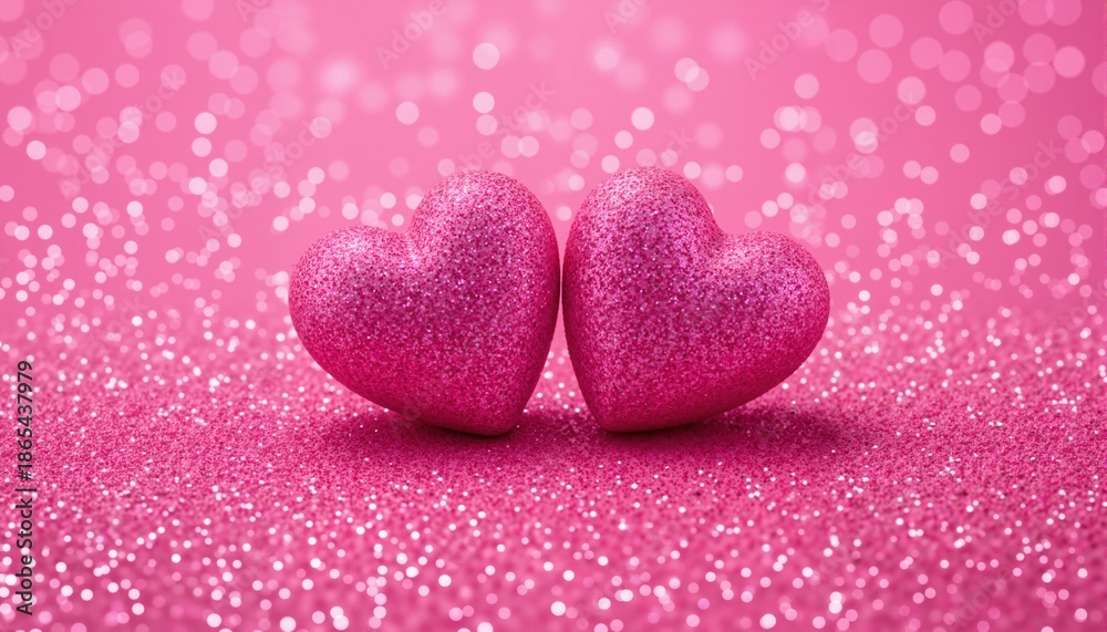 Fototapeta premium Two Hearts On Piсnk Glitter In Shiny Background - Valentine's Day Concept 