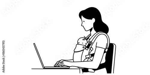 Working mother multitasking with laptop and baby carrier home office concept vector illustration black and white