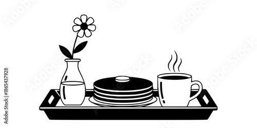 Breakfast in bed tray with pancakes coffee and flower vase vector illustration black and white