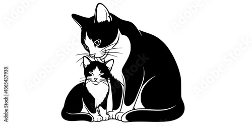 Mother cat grooming kitten cute feline family pet vector illustration black and white