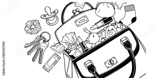 Mom handbag spilling items pacifier toy keys and lipstick vector illustration black and white