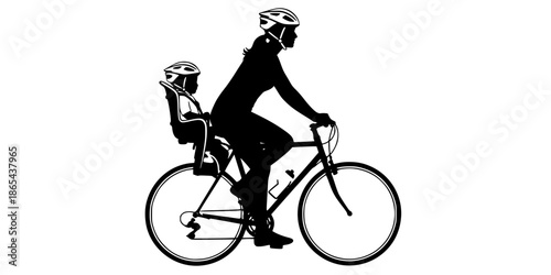 Mother riding bicycle with child in rear safety seat active family vector illustration black and white