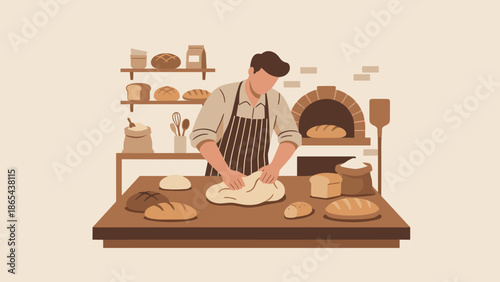 Baker man kneading dough on table. Bakery kitchen interior with brick oven and shelves. Homemade bread cooking concept. Flat vector illustration. Artisan pastry chef preparing food.