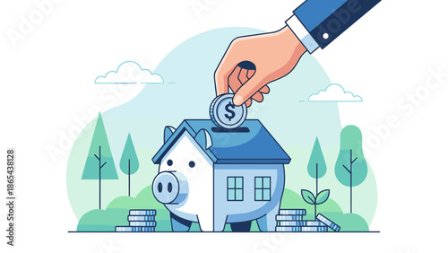 Hand putting dollar coin into house shaped piggy bank. Real estate saving concept. Mortgage investment and financial planning. Buying property deposit. Budget for new home. Future loan