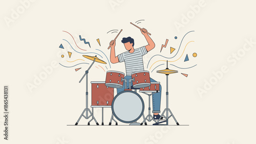 Energetic drummer playing drum set. Musician hitting drums with sticks. Flat vector illustration. Percussion instrument. Music hobby. Rhythm beat. Band practice. Rock concert sound.