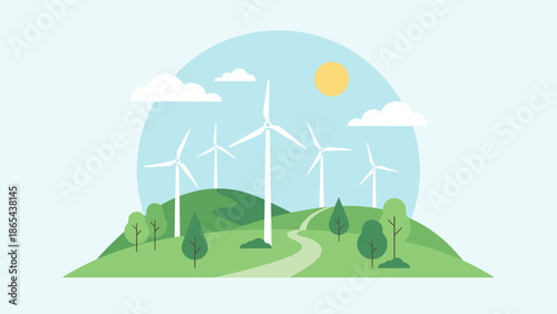 Modern wind turbine farm vector. Renewable energy concept. Eco friendly power generation. Sustainable electricity. Green hills landscape. Clean technology. Flat design windmills.