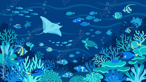 Underwater ocean scene coral reef tropical fish manta ray sea turtle. Marine life background flat vector illustration. Deep blue aquatic nature. Summer diving snorkeling concept.