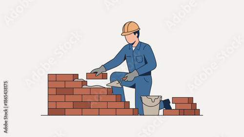 Professional bricklayer building red brick wall with trowel tool. Construction masonry industry concept. Man in safety helmet and uniform working. Flat vector illustration design style.