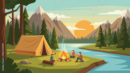 Camping scene tent campfire woods. Outdoor adventure background. Summer camp forest landscape. Hiking travel vacation. Nature tourism. Flat vector illustration. Wilderness trip.
