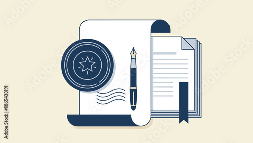 Official notary public stamp on legal document. Certified contract agreement paper with seal and fountain pen. Law authority concept. Flat vector illustration. Signing paperwork.