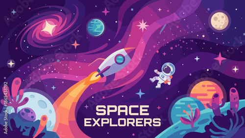 Space exploration background. Stylized galaxy nebula stars. Flat vector illustration cosmos universe. Astronomy science concept. Futuristic planet design. Infinite sky wallpaper.