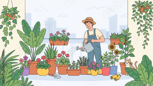 Urban gardening lifestyle. Happy person watering potted plants on city balcony. Gardener caring for flowers. Home garden terrace oasis. Hobby nature growth. Apartment living green houseplant