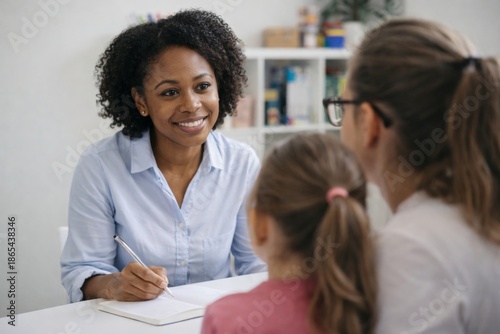 African american female teacher smiling while discussing with a mother and child, supporting education