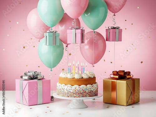 Birthday Cake with Floating Gift Boxes and Balloons. Generative Ai