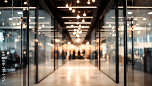 Wallpaper Mural Blurred office hallway with glass walls and warm overhead lighting. Torontodigital.ca