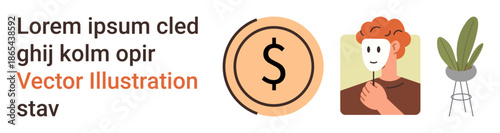 Finance, identity, transparency, investment, personal growth, minimalism. Features a dollar icon, a person holding a mask and a potted plant. Finance and identity concepts
