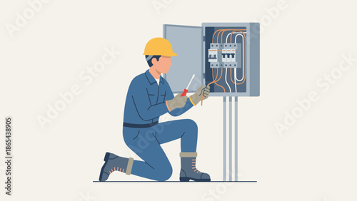 Professional electrician repairing fuse box. Male technician with screwdriver. Electrical maintenance concept. Circuit breaker panel. Industrial work. Flat vector illustration.