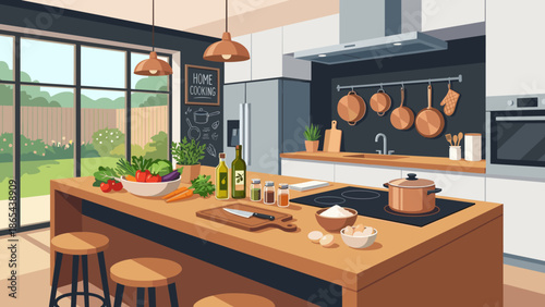 Modern kitchen interior illustration. Wooden counter with fresh vegetables. Home culinary concept. Food preparation background. Healthy lifestyle. House room design. Domestic stove.