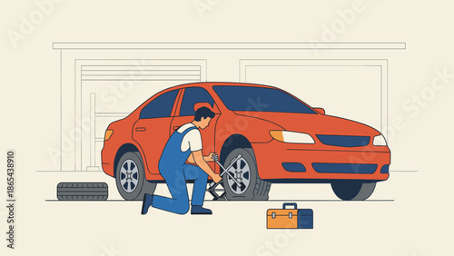 Mechanic changing flat tire on car. Auto service worker fixing wheel with wrench. Vehicle maintenance concept. Professional technician repairman. Garage workshop breakdown assistance