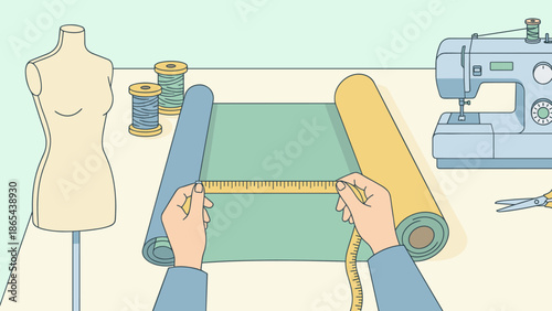 Tailor measuring fabric roll with tape measure. Sewing machine and mannequin. Fashion design workshop concept. Dressmaker hands working in atelier. Textile craft. Flat vector illustration