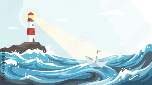 Lighthouse guiding paper boat in rough seas. Leadership concept. Beacon of light navigation. Business direction strategy. Safety in storm. Hope metaphor. Flat vector illustration.