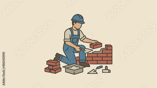 Professional bricklayer construction worker building red brick wall with trowel. Masonry industrial concept. Builder laying bricks. Manual labor and renovation flat vector illustration.