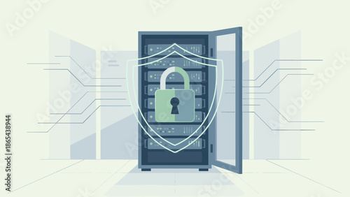 Secure server rack data center security concept. Cybersecurity protection technology. Network database safe storage. Padlock safety icon. Flat vector illustration. Internet privacy.