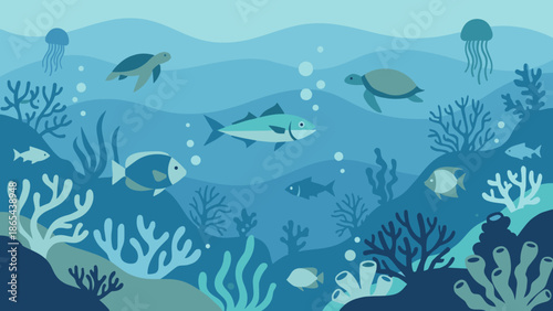 Underwater ocean scene with coral reef and fish. Marine life background. Flat vector illustration. Sea bottom landscape with seaweed. Deep blue nature. Tropical aquarium concept. Wildlife.