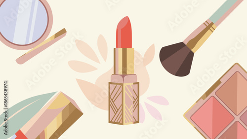 Stylized lipstick tube. Beauty and cosmetics concept flat vector illustration. Fashion background with brush, mirror, palette. Feminine glamour style. Golden luxury makeup accessory