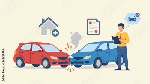 Auto insurance claim concept. Red and blue cars collision. Agent writing report. Traffic accident crash vehicle damage inspection. Risk management policy flat vector illustration.