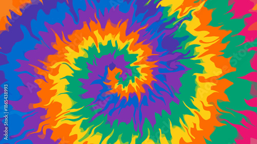 Abstract tie dye pattern background. Colorful psychedelic spiral. Hippie style vector. Retro 60s 70s texture. Rainbow swirl. Bright vibrant backdrop. Boho festival fashion.