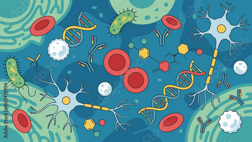 Stylized microscopic biology background with cells. Flat vector medical illustration. Science research concept. DNA, neurons, bacteria, red blood cells. Laboratory healthcare pattern.