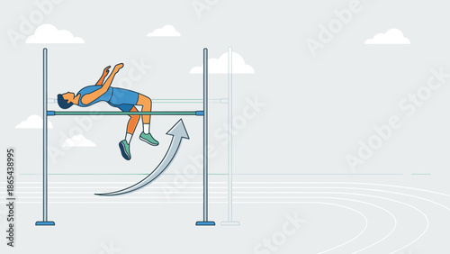 High jump athlete clearing bar. Raising the bar concept. Improvement success. Reaching new heights. Business metaphor. Sport competition goal. Achievement. Flat vector illustration.