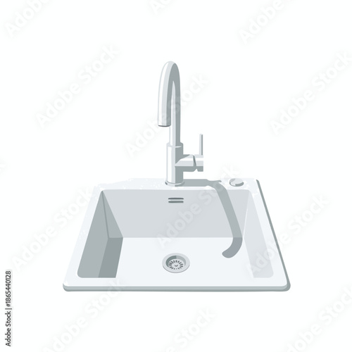 An illustrated, grayscale sink with faucet, simple design, and a shadow cast on surface