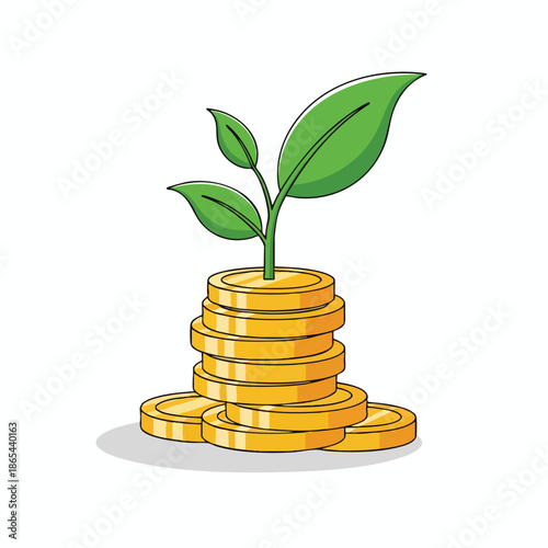 Cartoon image of a plant growing from a stack of coins, implying financial growth