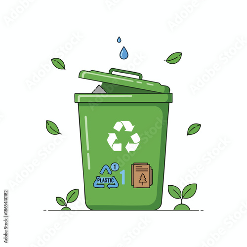 A green trash bin with recycle symbols, leaves, and a drop of water